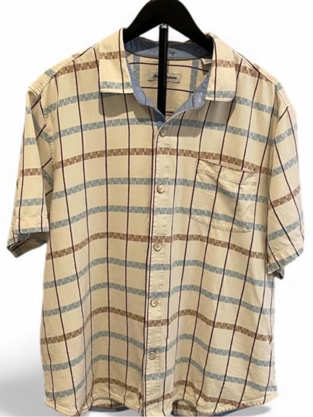 Tommy Bahama Beige Plaid Short-Sleeve Button-Down Shirt